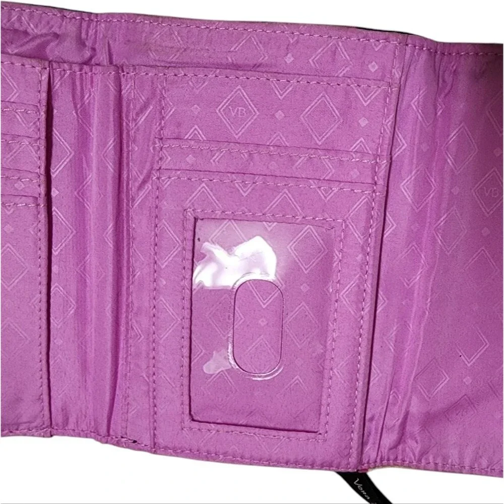 Vera Bradley Euro Wallet Black Hilo Meadow Magenta Quilted Fabric Fold Over Snap